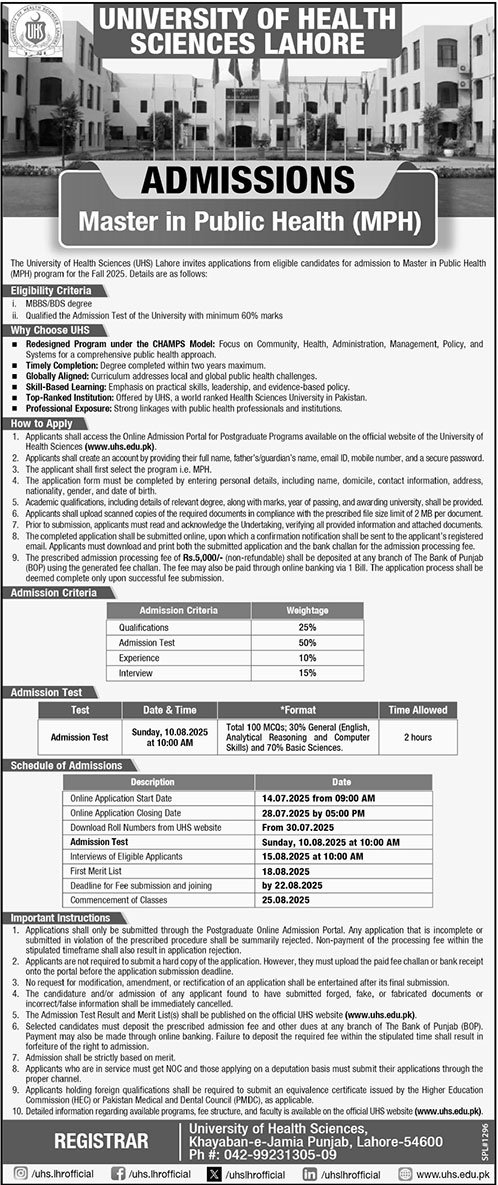 Admission Open in University of Health Sciences Lahore